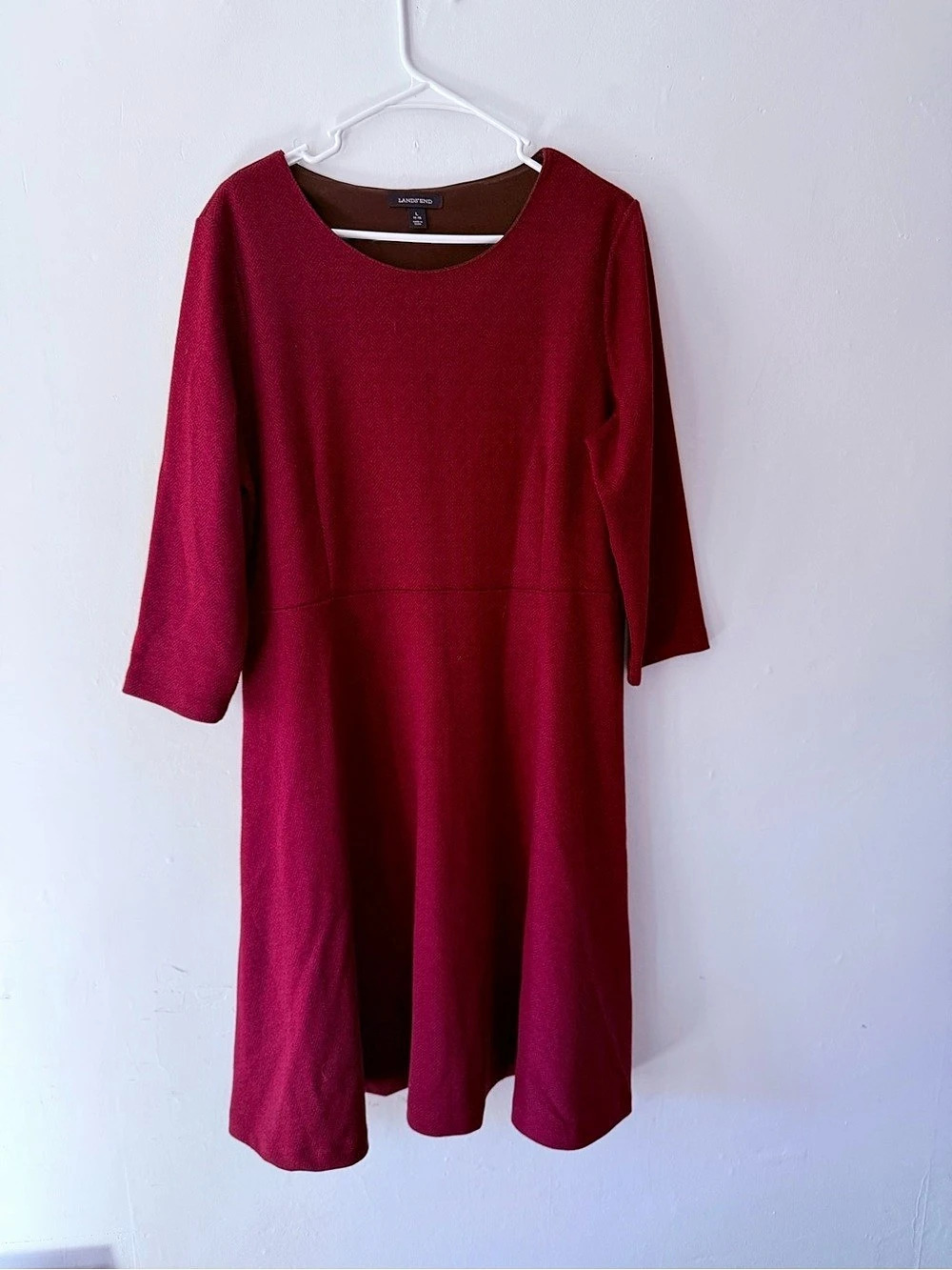 Lands' End Red Herringbone Knit Fit & Flare Dress Women's Midi Large